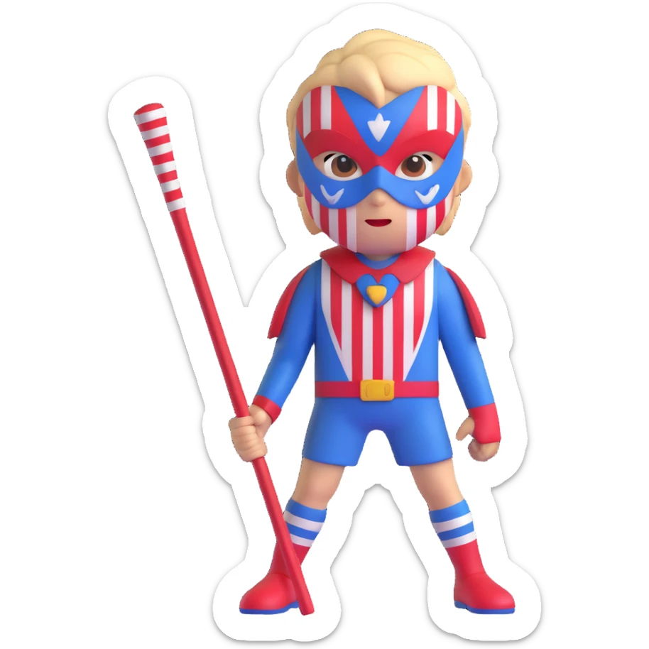 savage boy emoji with fierce look, mask with red, white, and blue stripes, gripping a sharp stick, representing Roger from Lord of the Flies sticker