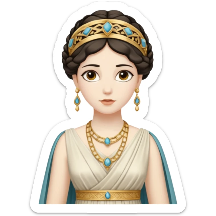 An emoji portrait of a Greek noblewoman. She wears a peplos dress with intricate folds and gold jewelry. Her expression is calm and intelligent. sticker