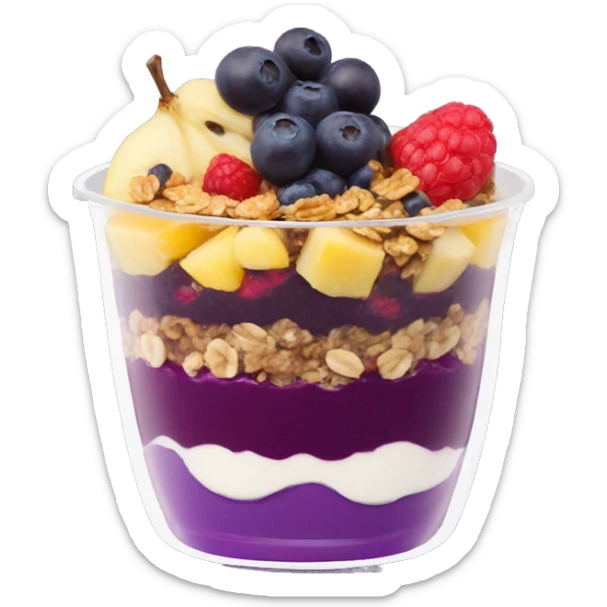 Açaí in a clear cup with layers of fruits and granola and condensed milk sticker