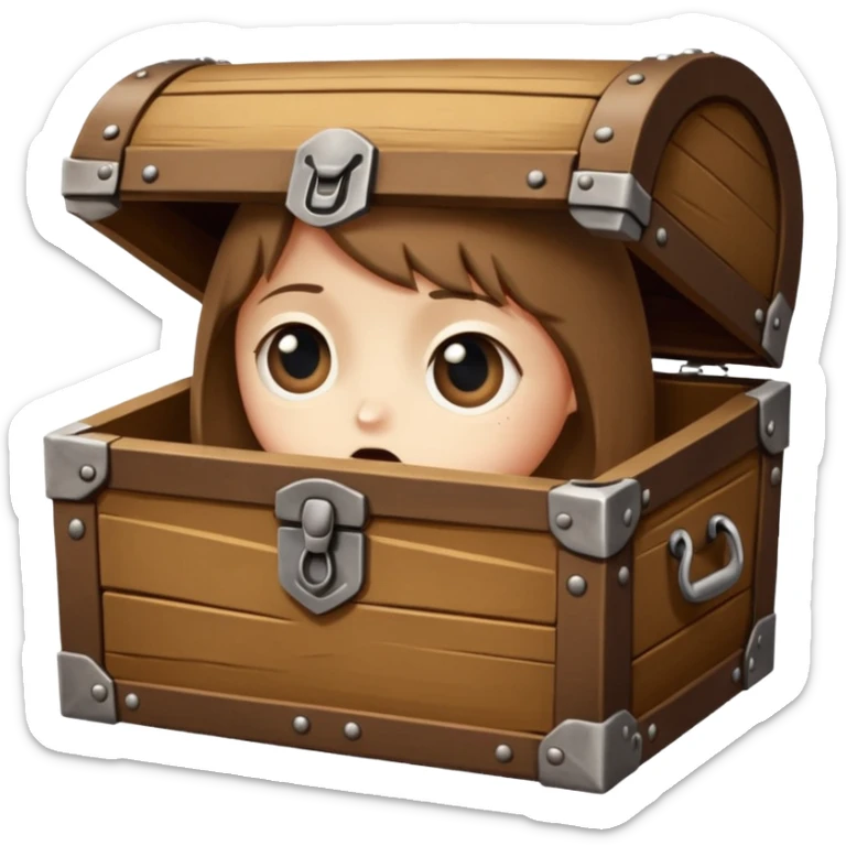 Situation: When you miss someone but can’t contact them . Emoji description:A treasure chest-shaped box containing several photos inside. The box has eyes and a sad facial expression. The photos are of people or animals you can no longer reach or contact. sticker