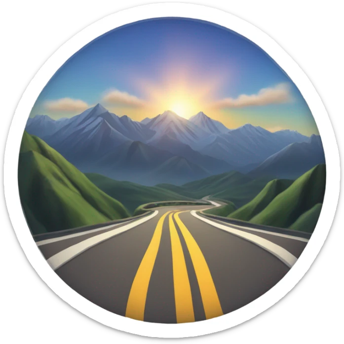 A vehicle on an unfamiliar road, with mountains in the background and the sun rising sticker