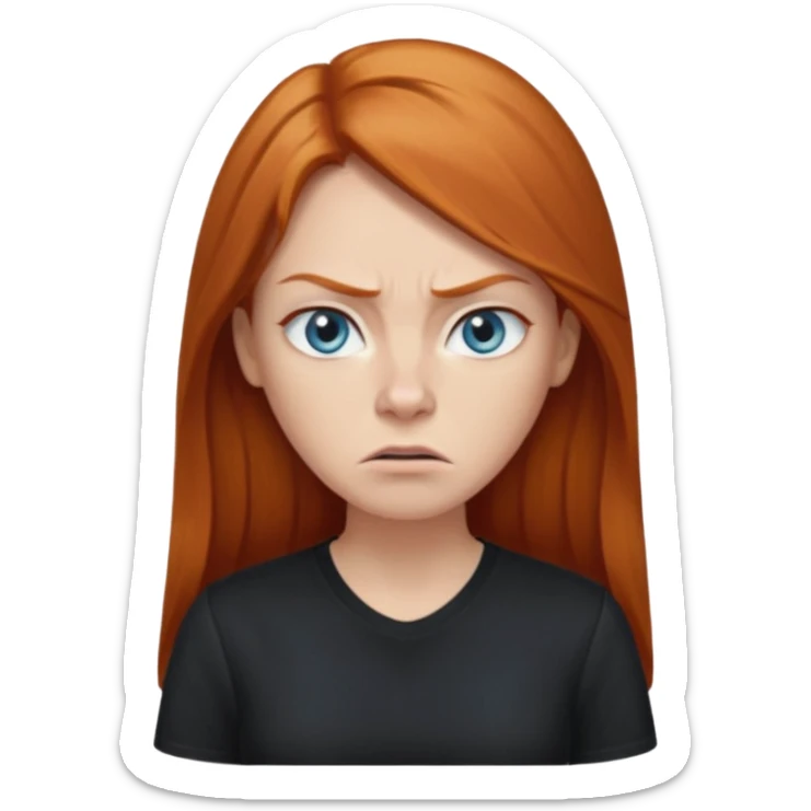 Ginger head woman with long hair and lightblue eyes, straight nose, almond eyes, black shirt. She is angry  sticker