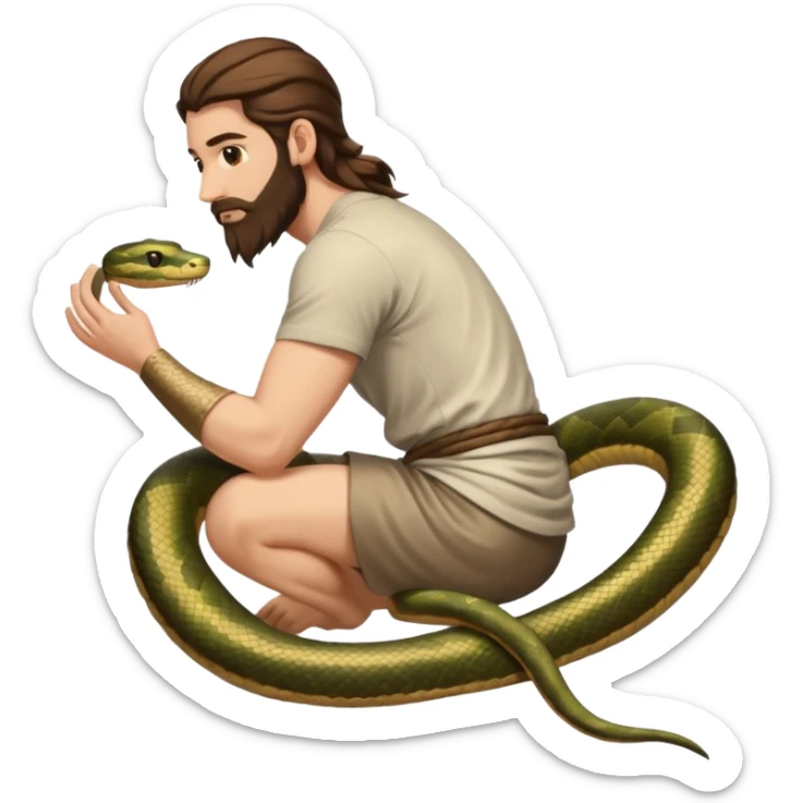 full body man long brown hair brown eyes medium beard white skin seen from behind, snake wrapped around arm and back sticker