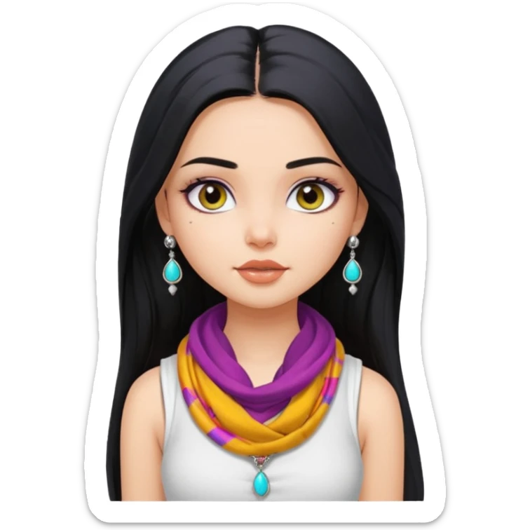 a pretty bratz girl with long black hair, kajal under eyes, small silver jhumkas. White tank top on. Colourful scarf around neck sticker