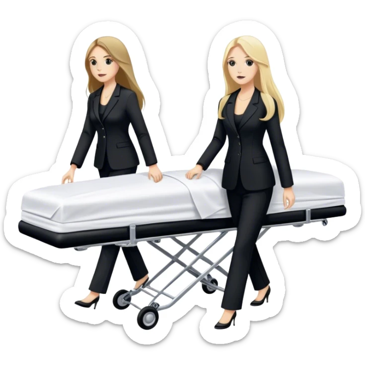 Two woman with long hair. One is brunette and one is blond. They have black pants suits on. And they are pushing a funeral stretcher in to a black Mercedes Vito funeral car. On the stretcher is a body covered in white sheets  sticker