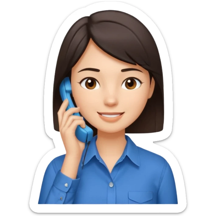 generate a pretty fair bratz girl with dark brown eyes. Dark brown hair straight short hair. tight blue button up shirt with top shirt open.  Talking on the phne sticker