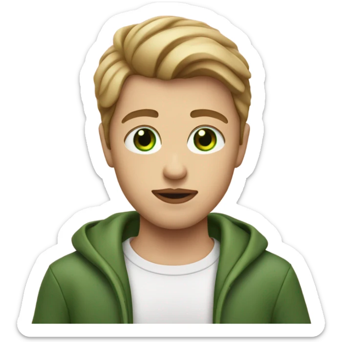 A boy with glossy lips green eyes and medium dark blonde hair with green eyes holding a heart  sticker