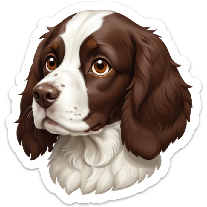 Cinematic Noble Springer Spaniel Portrait Emoji, Poised and regal, with a medium build and a glossy, well-groomed Fur of rich liver and white, deep-set soulful brown eyes, Simplified yet sharp and sophisticated features, highly detailed, glowing with a soft, dignified glow, high shine, intelligent and alert, stylized with an air of grace, focused and attentive, soft glowing outline, capturing the essence of a watchful and confident companion, so majestic it feels as though it could bound out of the screen with effortless authority! sticker