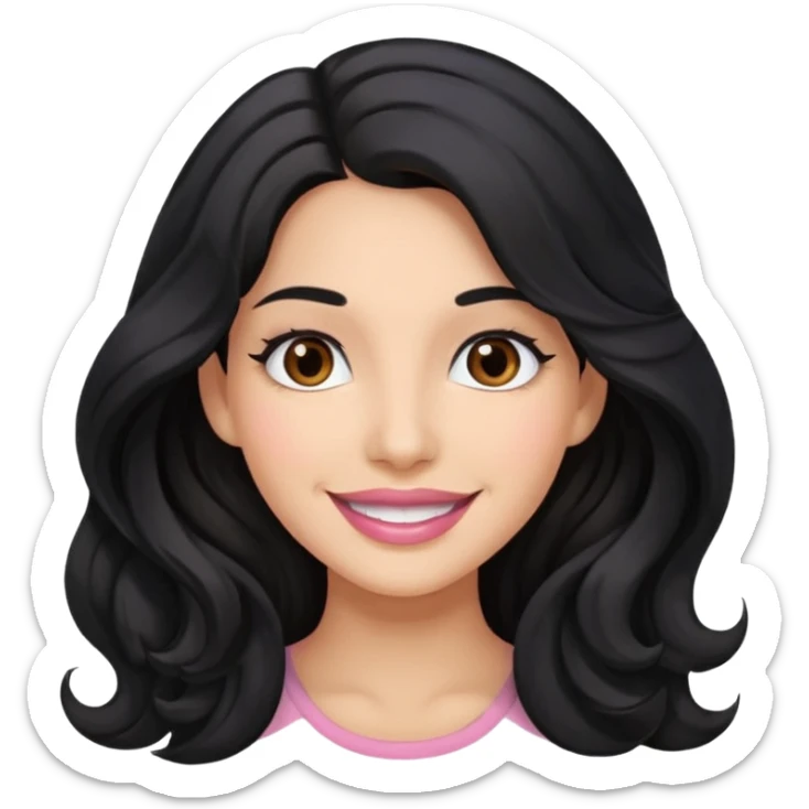 a woman is smile, her hair is long wavy and the color is black, her eyes color are brown and the color of her lip is soft pink sticker