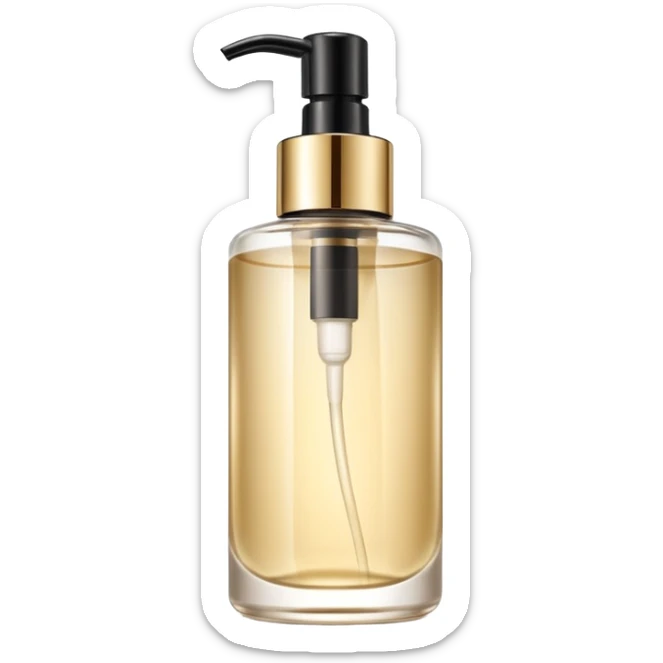 elegant semi-transparent pump bottle filled with pale golden to clear liquid, slightly glossy and lightweight, cylindrical bottle with curved pump top and clean lines, skincare product style, no label, no extras, soft lighting, subtle shadows, emoji scale sticker