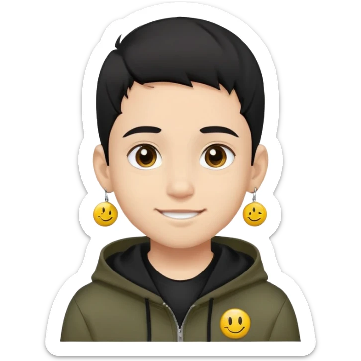 boy with military cut black hair, brown eyes, wearing 2 circle earrings and a black hoodie with a smiley face sticker