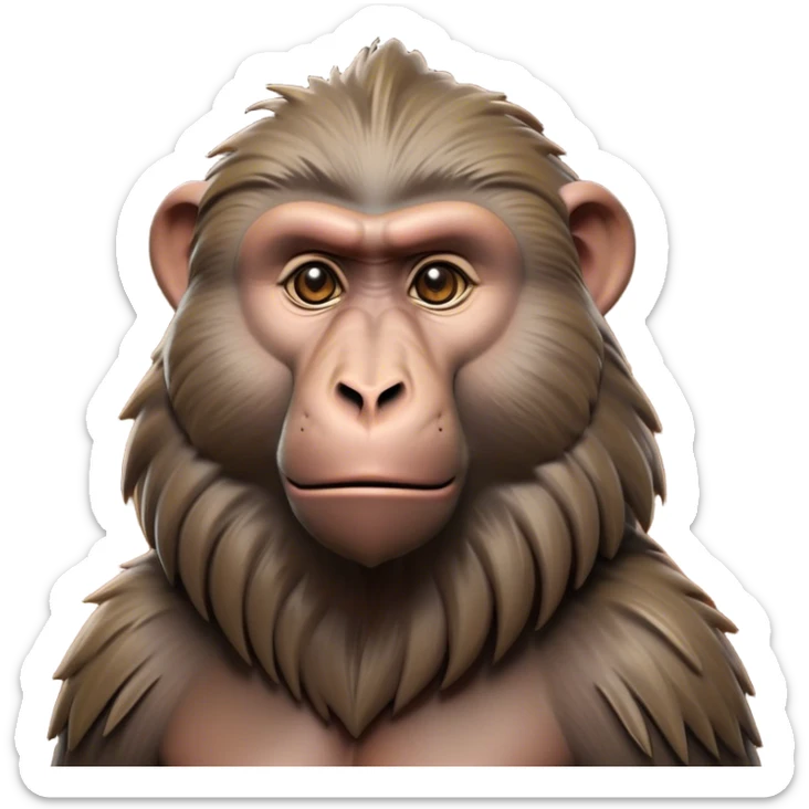 Cinematic Noble Baboon Portrait Emoji, Poised and regal, with a robust, muscular build and a richly textured Fur of earthy browns, deep-set soulful eyes with a mischievous glint, Simplified yet sharp and sophisticated features, highly detailed, glowing with a warm, dignified glow, high shine, intelligent and bold, stylized with an air of untamed urban majesty, focused and attentive, soft glowing outline, capturing the essence of a watchful and confident primate, so majestic it feels as though it could stride out of the screen with effortless authority! sticker