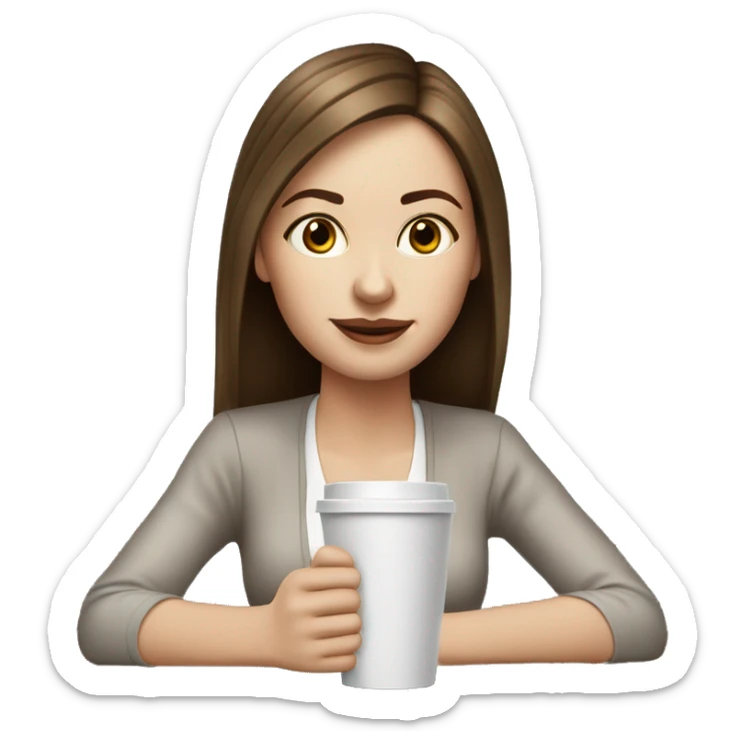 Side view realistic posh brown straight haired pale woman sits at the coffee table sticker