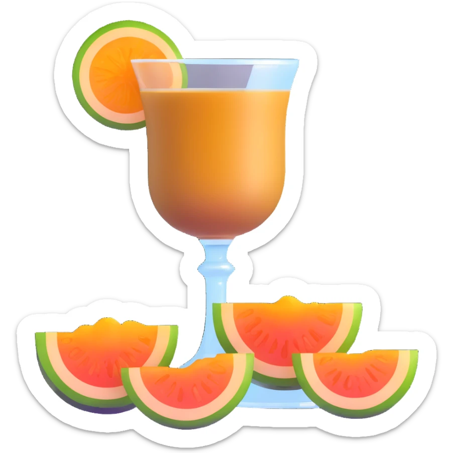 traditional layered carajillo in small clear glass showing golden liquor at bottom and coffee on top, with cantaloupe melon slice beside it sticker