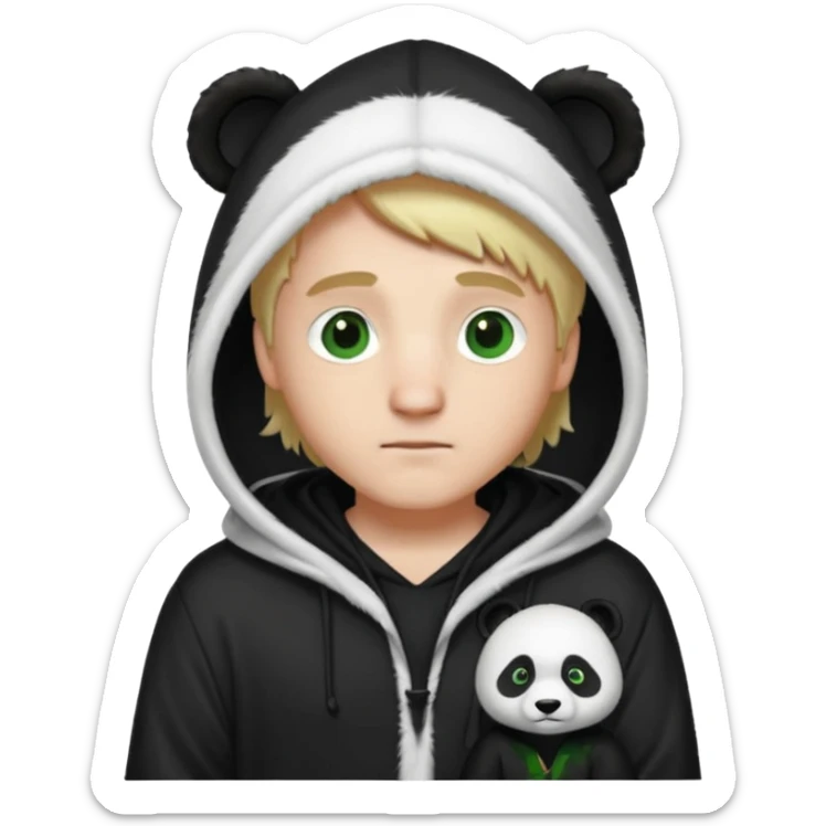 A white man with green eyes, medium-length blond hair, wearing a panda hoodie and black pajama-like robes. sticker