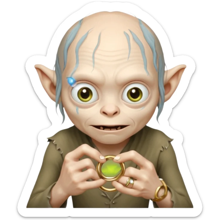 expresion de Gollum del señor de los anillos en la cual tiene un anillo con la expresion precioso sticker
