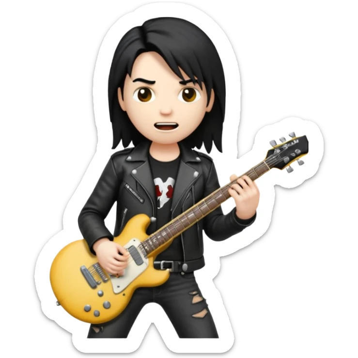 3D Apple-style emoji of a metal musician holding an electric guitar with a bold "ROCK" sign above. Long hair, black leather jacket, ripped jeans, intense expression. Rounded, glossy, smooth, soft shadows, white background.











 sticker