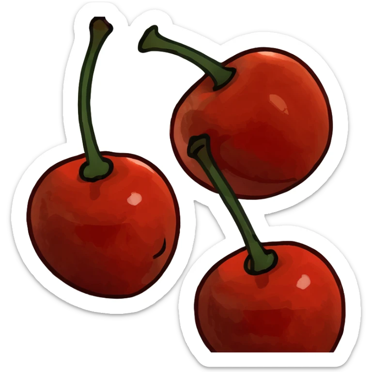 3D style two shiny red cherries hanging from a wooden branch with small green leaves sticker