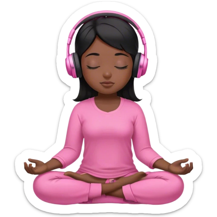 Chica de pelo negros con los ojos cerrados escuchando musica en audifonos y con camisa rosa mientras medita sticker