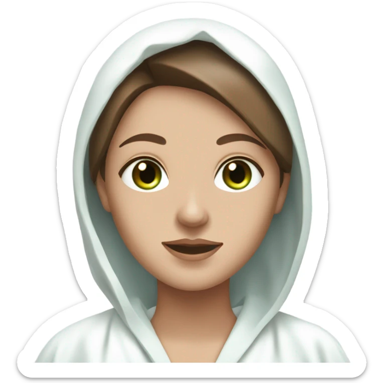 White girl with Brown hair and blue eyes wears a Green colored clay mask and puts on cucumbers around her eyes while She relaxes in her white Robe sticker
