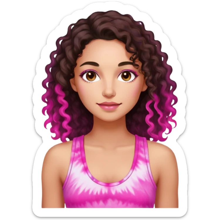 Woman in her 30s with luminous skin, long defined dark brown curls, large brown eyes, full lips with natural pink color, wearing bright pink tie-dye tank top, nurturing warm expression sticker