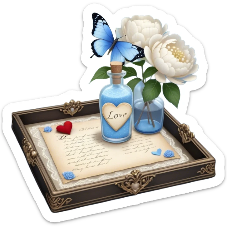 On a lace-trimmed tray rests an ornate glass bottle filled with a soft blue love potion, next to an aged love letter sealed with a wax heart. A delicate pearl butterfly gently perches on the edge of the envelope, while petals of white peonies and pale blue hydrangeas are scattered around. sticker