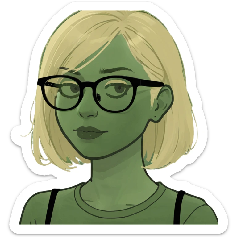 Girl with blonde hair and black glasses and pale face sticker