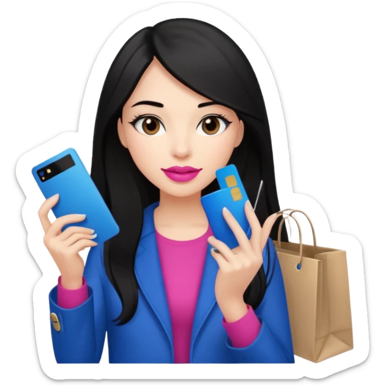 Girl with long black hair, pink lipstick, brown eyes on the phone holding shopping bags and blue credit card sticker
