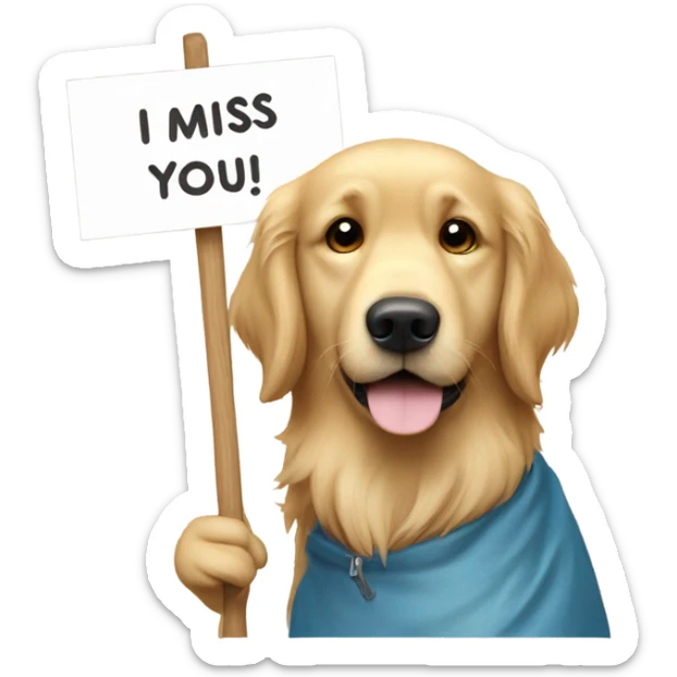 Golden retriever holding a sign that says I miss you ryder  sticker
