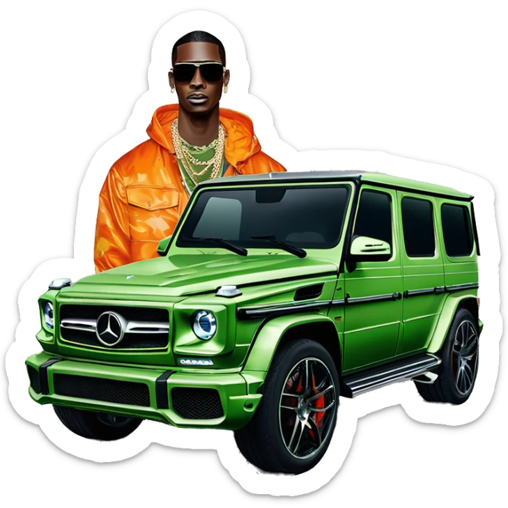 Young Dolph luxury clothes,blue diamond chain on,near his car, just opened drivers side car door to his all orange and green colored,whole car painted army camouflage, Mercedes G Wagon sticker