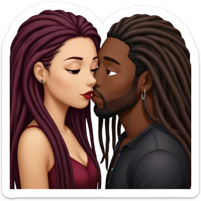 Dark Wine colored hair Latina long hair, kissing black guy with dreads sticker