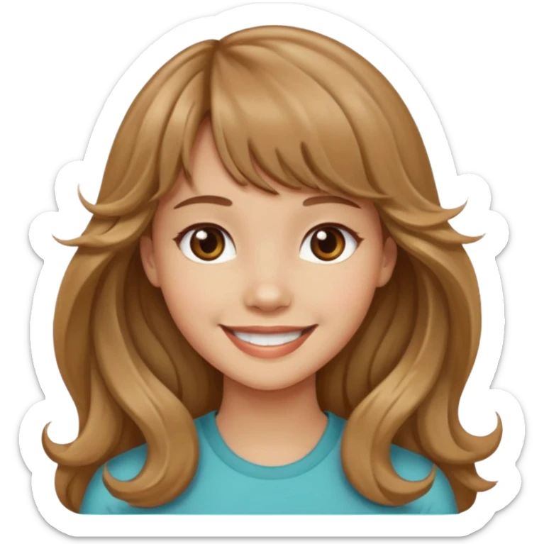 Please generate a portrait of a pretty girl with long, wavy, light brown hair and bangs, she's smiling. sticker