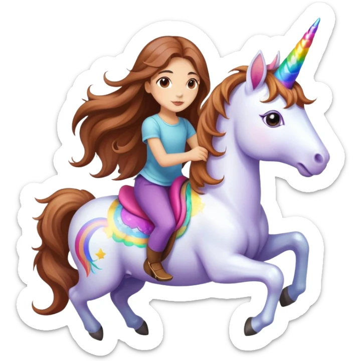 young light-skinned girl with long brown hair on a colorful unicorn sticker