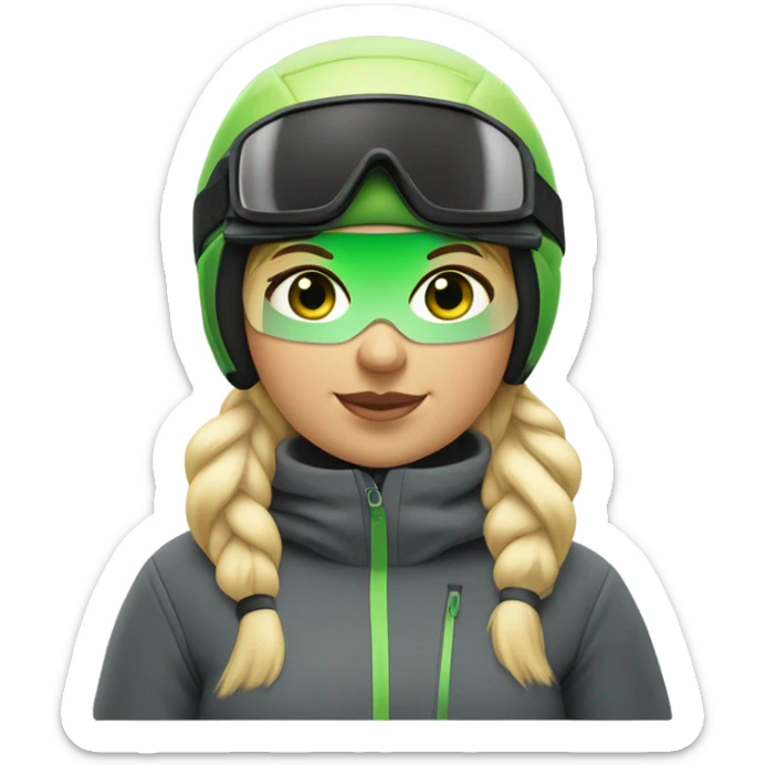 Green-eyed, fat female skier with medium-length straight blonde hair no curls, snow goggles on top of helmet, white ski helmet, gray snow jacket, green ski gloves, long black pants rolled up at the bottom, black only snow boots standing tall. sticker