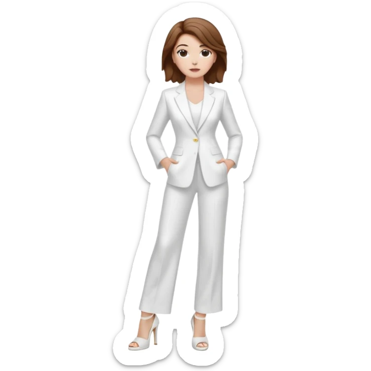 Chica blanca, traje pantalón blanco ancho, zapatos blancos tacon pelo recogido con mechones sueltos castaño ycuerpo entero sticker