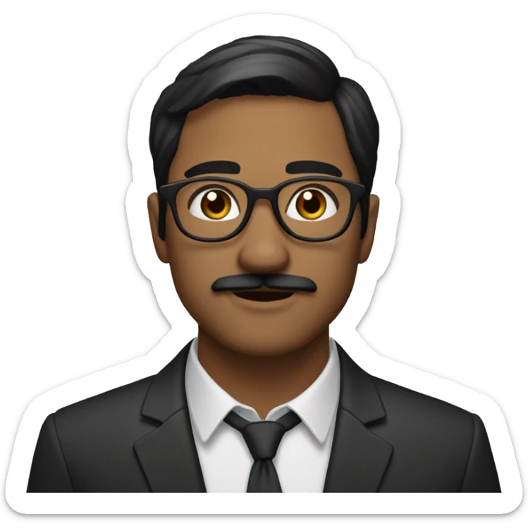 Guy with dark brown casual hair, dark brown casual moustache, wearing a suit and circular glasses sticker