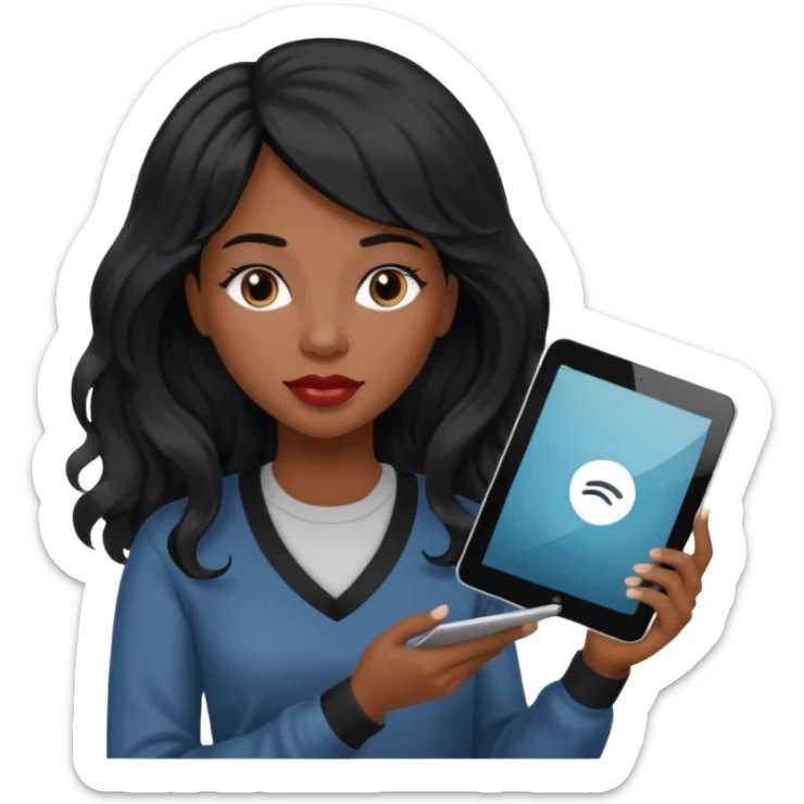 A young woman with long black hair, a wavy frange falling on half of her head.  She's black, medium to dark skinned with thick lips. She's holding something that let's us know she's the CEO of a creative agency, but she's wearing casual clothes. she has long eyelashes. sticker