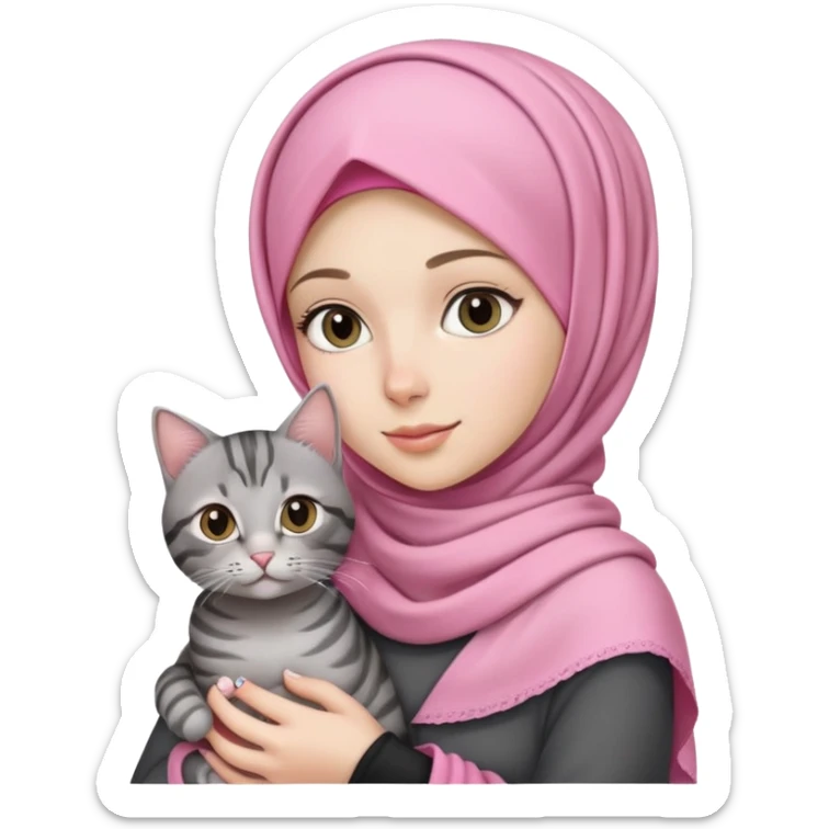 White girl wearing pink hijab holding a black and grey tabby cat sticker