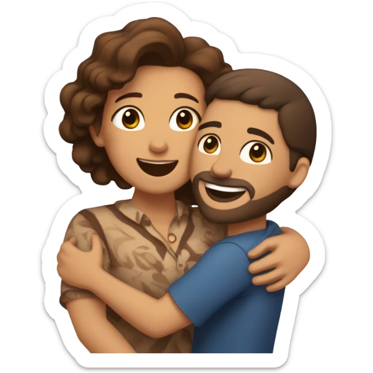 Brown-haired Puerto Rican woman with dark brown eyes wearing a cute blouse giving comforting hug to short, bald man with brown eyes, laugh lines, and a beard sticker
