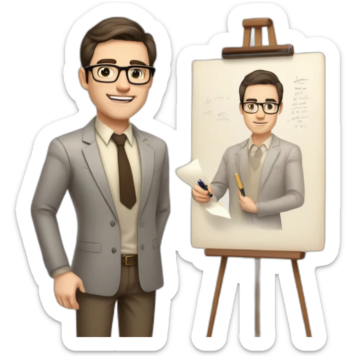 Pale skinned fit man with dark brown hair in gray jacket, beige office shirt, brown tie, brown pants and vintage glasses Writing text on a marker board sticker