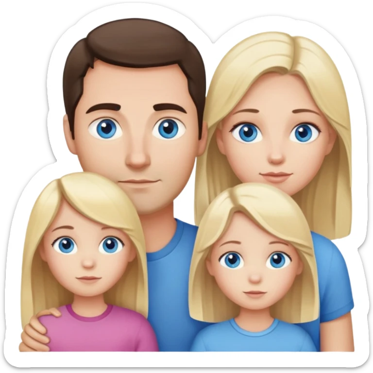 Family portrait with father with dark brown hair and blue eyes, mother with light brown hair and blue eyes, three blonde little girls with blue eyes sticker