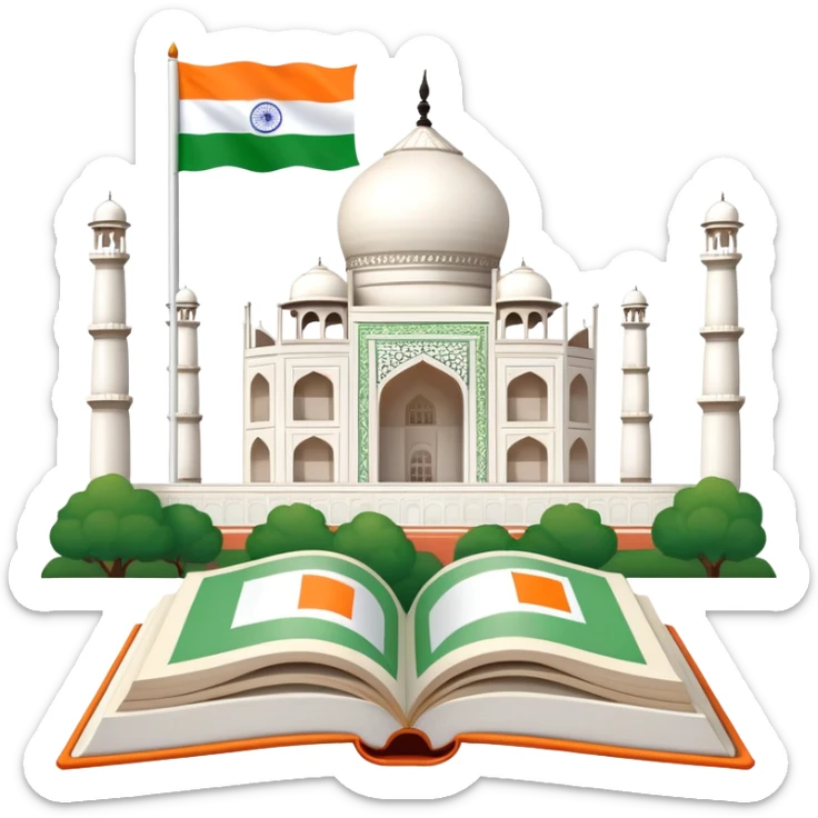 An icon featuring the Taj Mahal and the flag of India, symbolizing the Hindi language. The design includes an open book with hindi text, representing language learning and cultural richness. Transparent background highlights the heritage of India. sticker