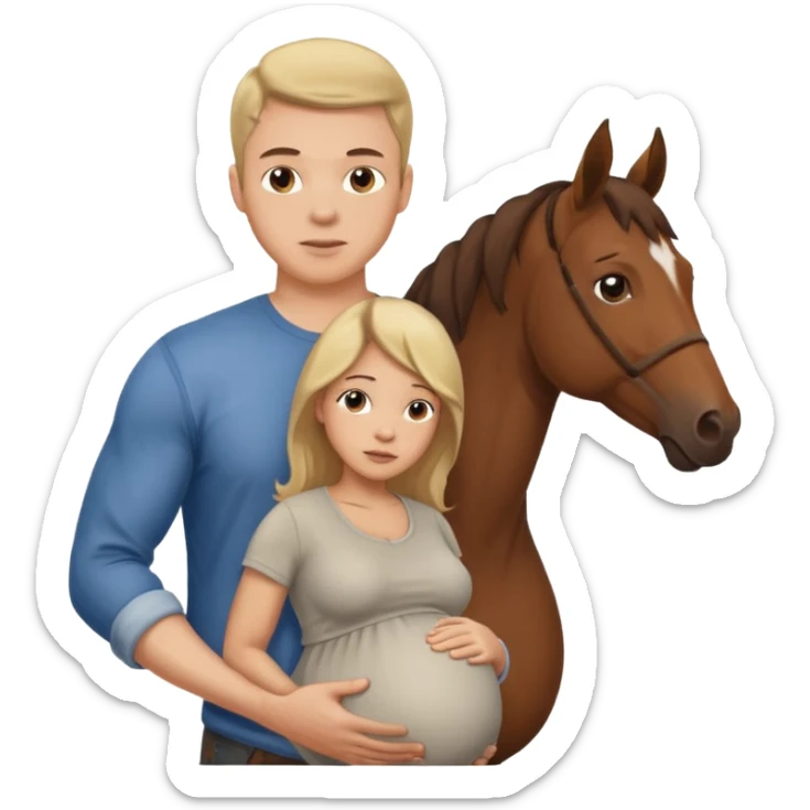 pregnant man in casual wear near horse sticker