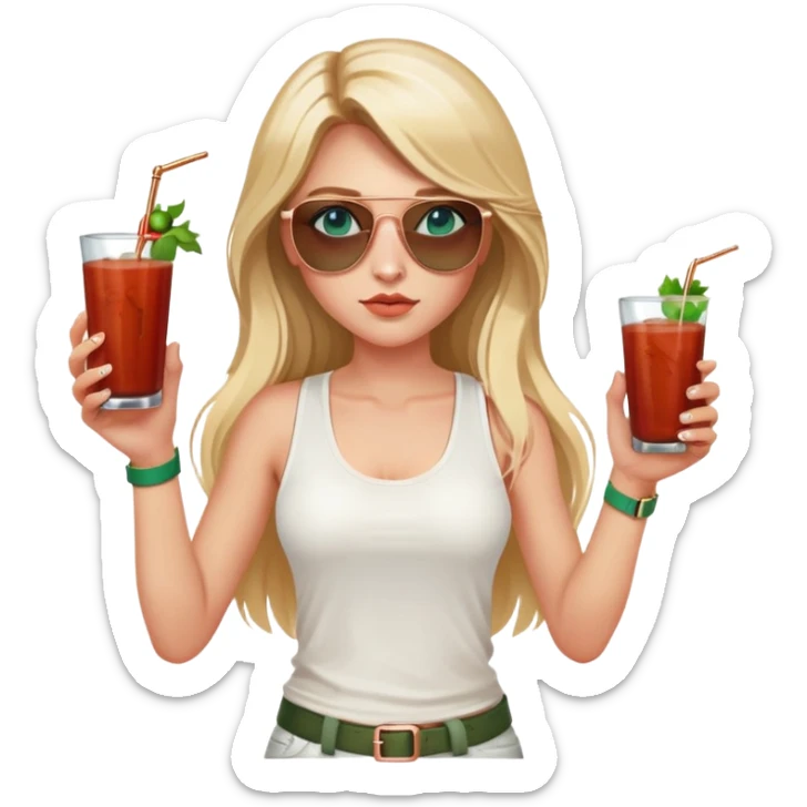 girl with long blond hair
with blue eyes
and aviator sunglasses
wearing white tank top 
holding bloody mary
wearing (rose gold apple watch with forest green band) sticker