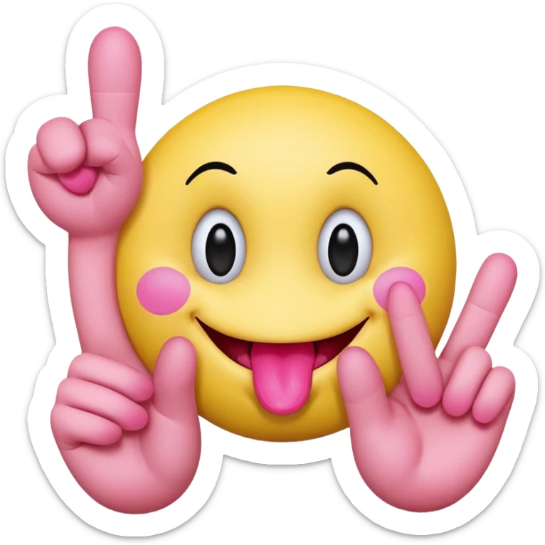The image is a digital illustration of a yellow smiley face with big, round eyes and a big smile. The face is holding a pink tongue sticking out and making a 67 with its fingers. Above the face, The background is white. Like this but get rid of the text sticker