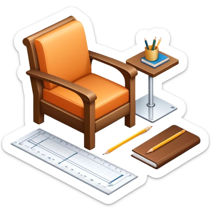 Icon for Furniture Design: a furniture drawing with 3D models of furniture pieces placed on top, accompanied by rulers and a pencil. The icon should represent the design process with focus on precision and modeling. Transparent background. sticker