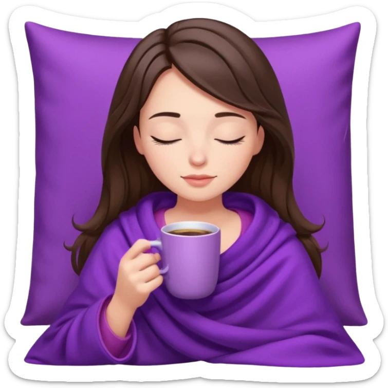 girl brunette inside a violet blanket sipping coffee from pink mug eyes closed iphone style sticker