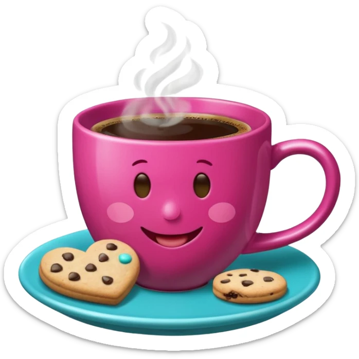 cup of coffee, steaming, the smoke should come out in the shape of a heart, the color of the cup is fuchsia, the cup has a happy face printed on it, the cup rests on a turquoise blue plate, and there are cookies and sugar cubes around the cup. sticker