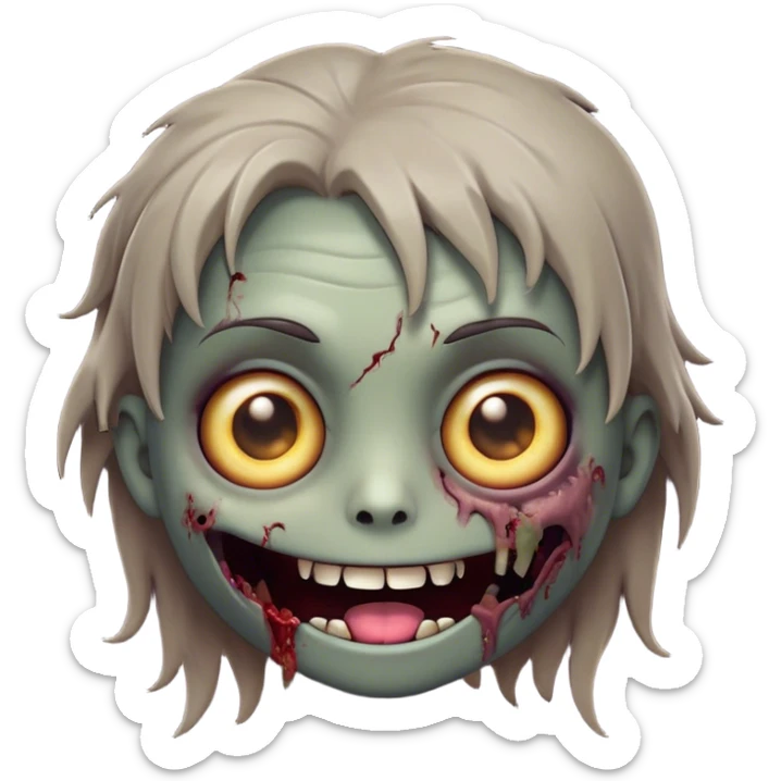 Cinematic Cute Zombie Portrait Emoji, with a delightfully quirky, slightly disheveled face in muted ashen hues, featuring quirky bright eyes and a playful, stitched-together smile, simplified yet irresistibly charming, highly detailed with a soft glowing outline that captures the adorable, offbeat spirit of a zombie who’s more cute than creepy! sticker