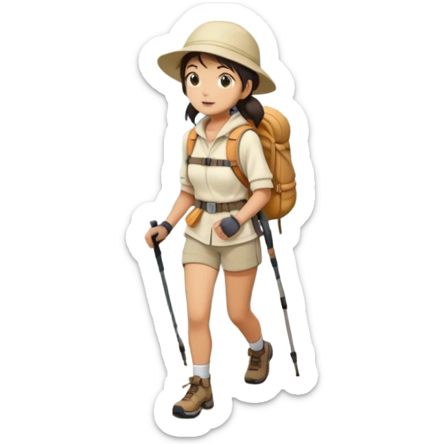Full body japanese woman hiking on mountain trail cream clothes sticker